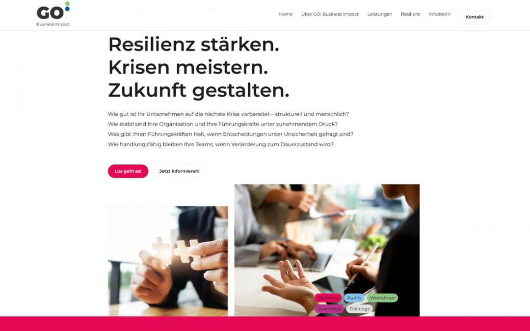 Erstellung der Onlinedarstellung mit Webflow für Go: Business Impact. Beratung für organisationale und unternehmerische Resilienz von Gordana Ozegovic.